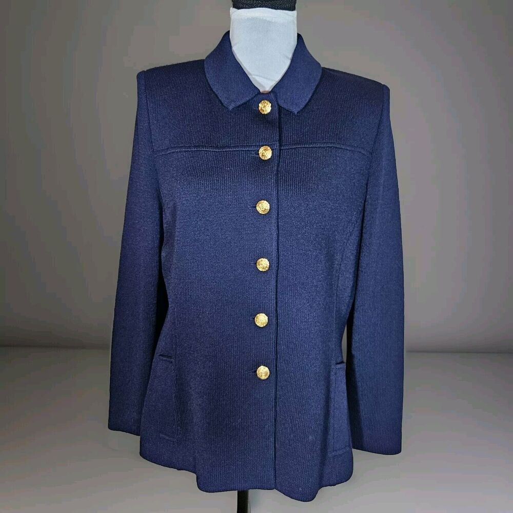 Vintage St John Knit Cardigan Sweater Button Up Padded Blue SZ 10